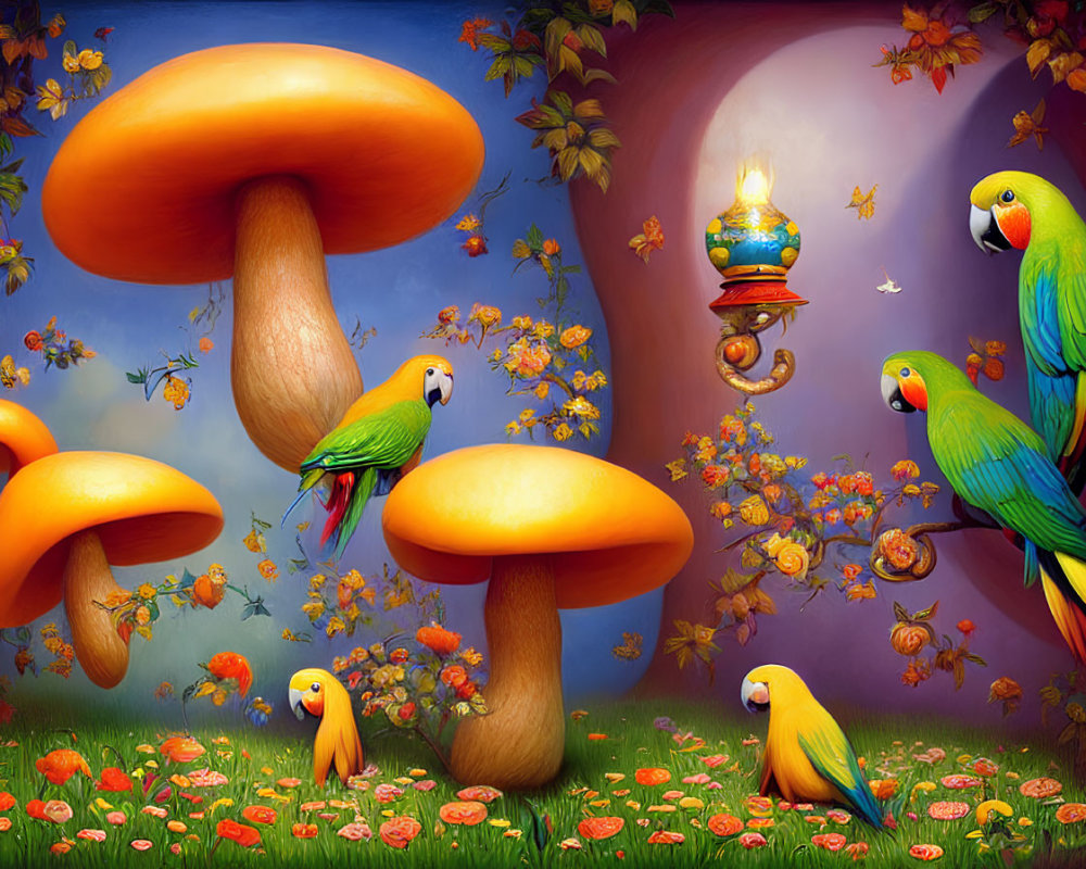 Colorful Parrots and Mushrooms in Fantasy Landscape