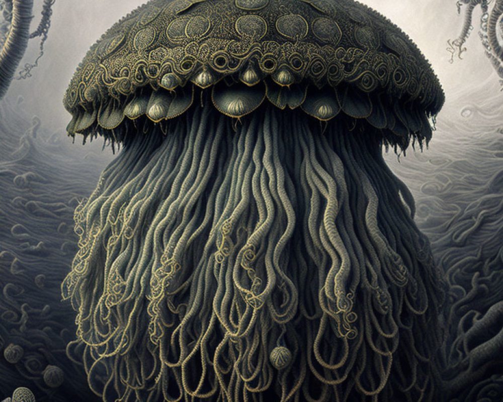Intricate Ornate Jellyfish in Dark Sea