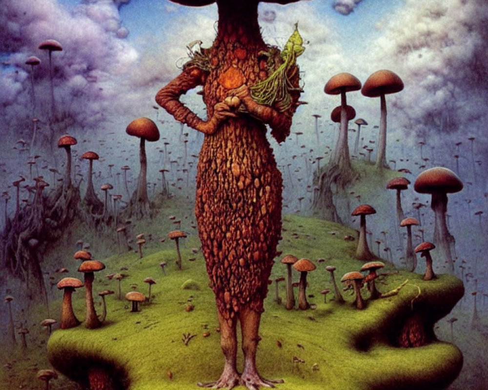Fantastical humanoid tree figure with mushroom cap head holding a green fairy in a mushroom-covered landscape under