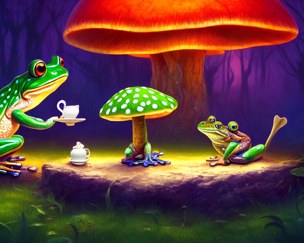 Colorful Frogs Under Fantasy Mushrooms in Luminous Forest Tea Party