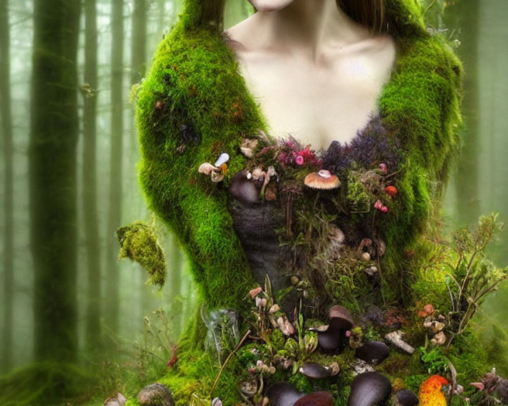 Elaborate forest-inspired costume with moss and mushrooms blending into mystical woodland background