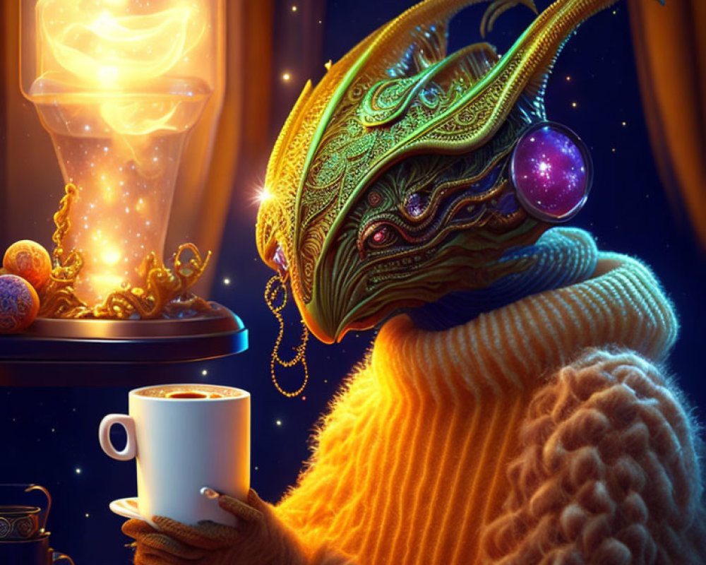 Alien with tentacled head in turban and sweater by cosmic window