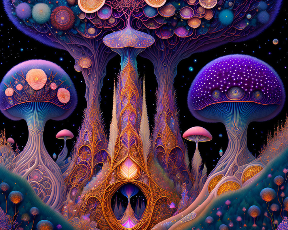 Colorful Psychedelic Mushroom and Plant Illustration on Starry Background