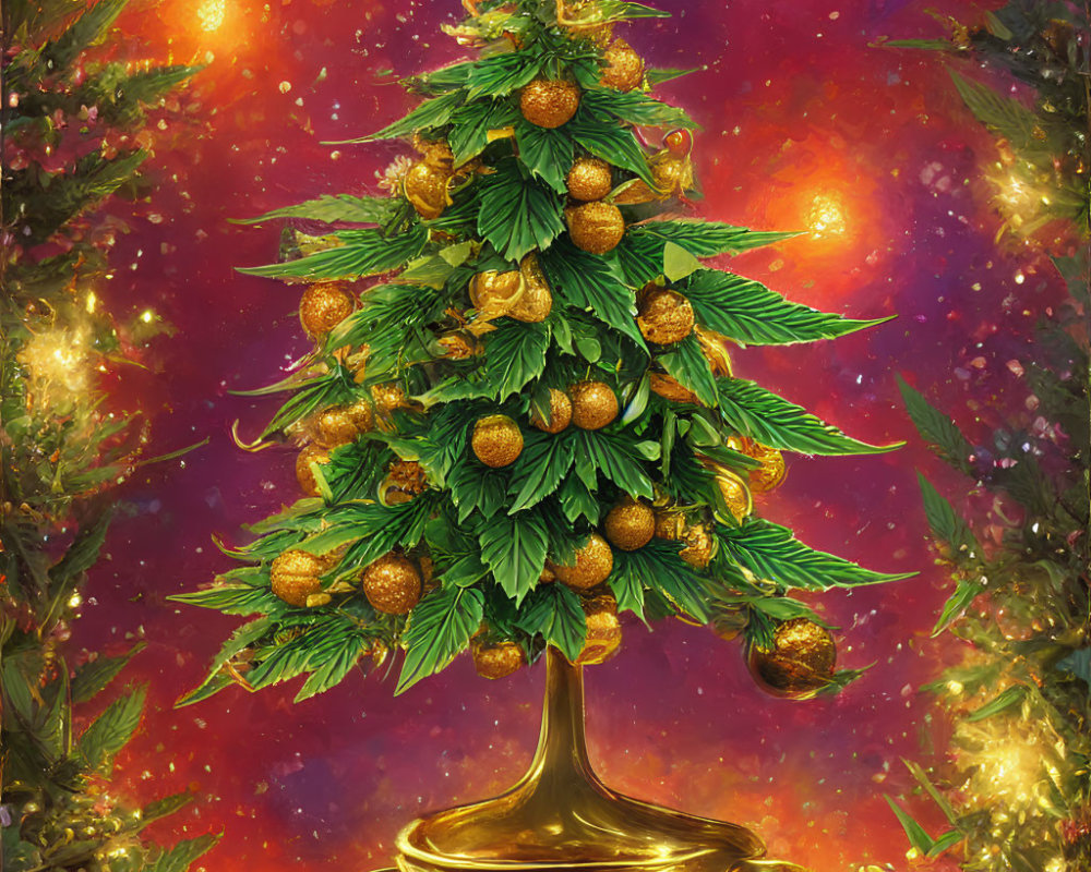 Colorful Christmas tree with golden balls on starry background