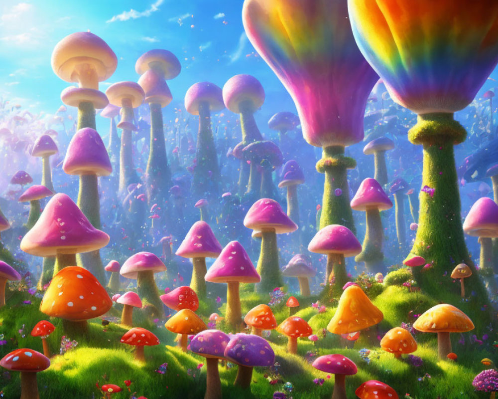 Colorful Fantasy Forest with Oversized Mushrooms and Blue Sky