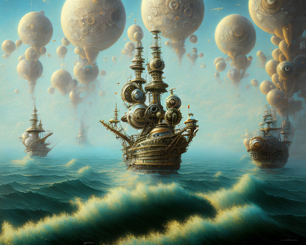 Steampunk ships on wavy ocean under sky with floating spheres