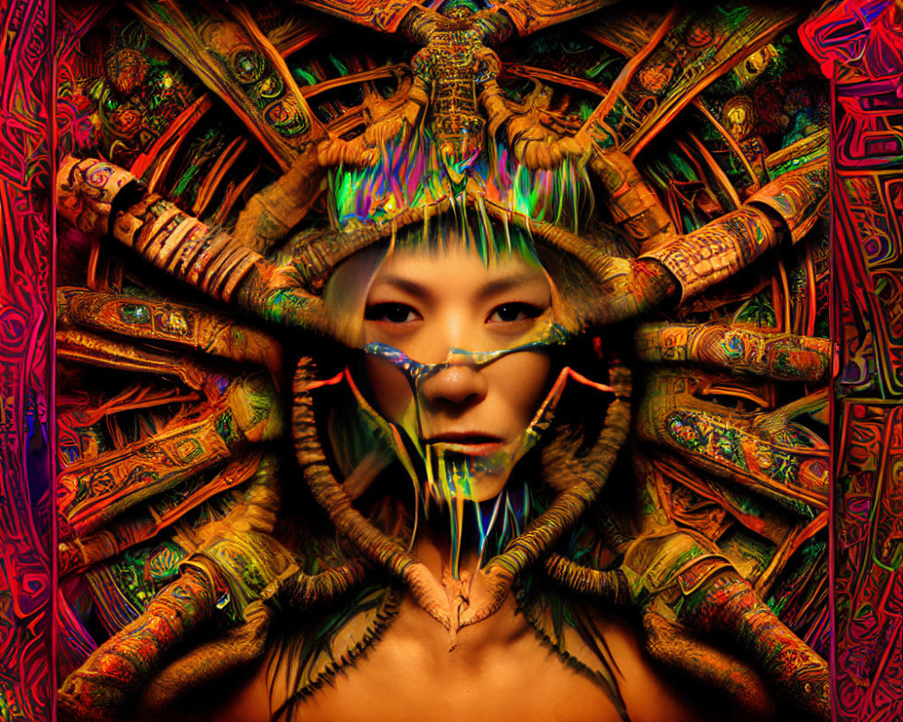 Colorful digital artwork: Woman's face surrounded by intricate patterns & mystical creatures