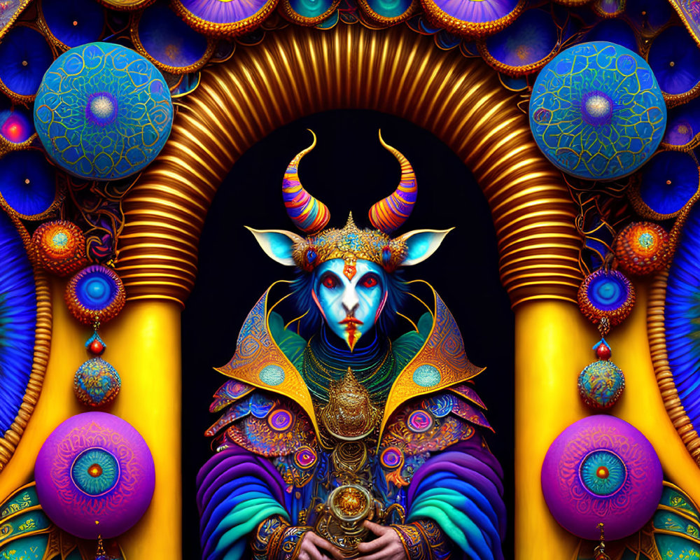 Colorful Anthropomorphic Deity Artwork with Goat Head & Intricate Patterns