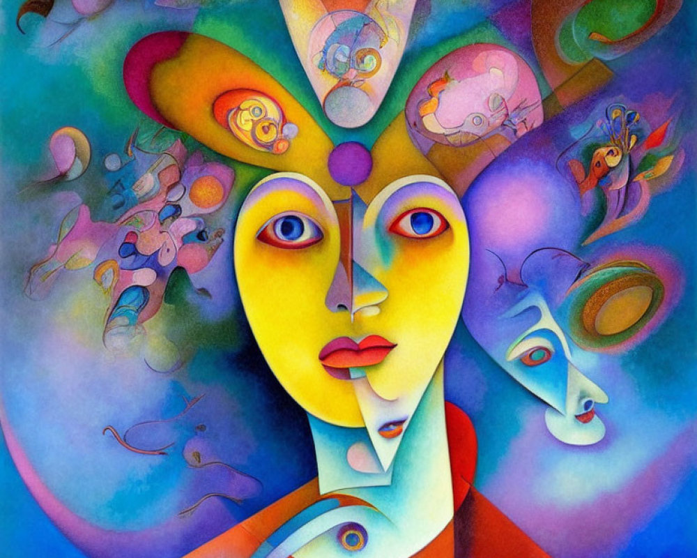 Colorful Abstract Painting: Central Figure with Multiple Faces