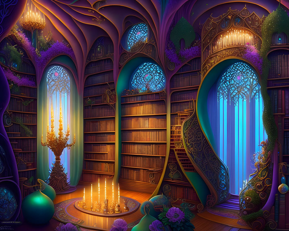 Enchanting library with towering bookshelves, ornate windows, candelabra, and glowing