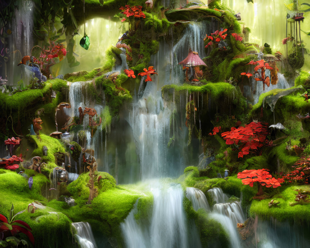 Enchanted forest scene with waterfalls, moss-covered rocks, flowers & fantasy dwellings