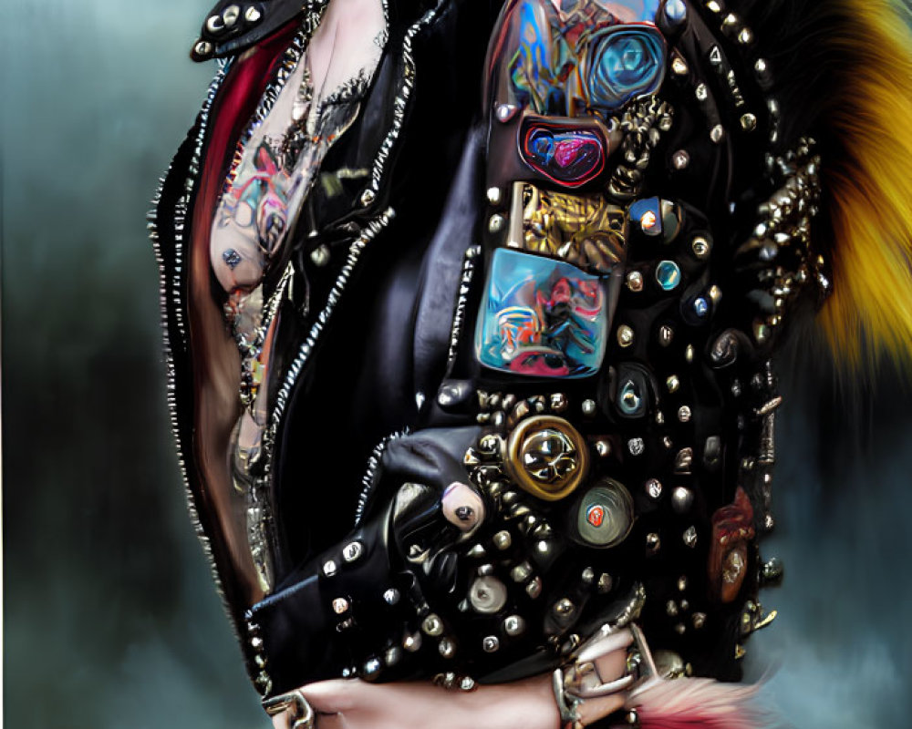 Vibrant punk person with mohawk, leather jacket, tattoos, and heavy makeup