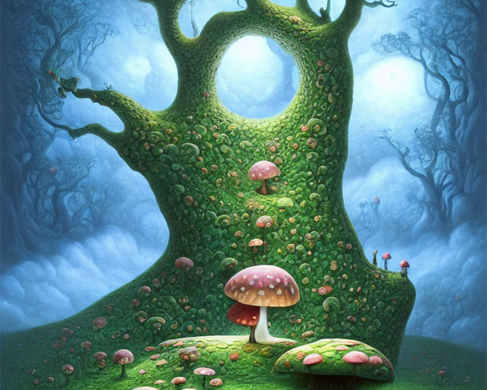 Enchanting tree with house on top in mystical forest