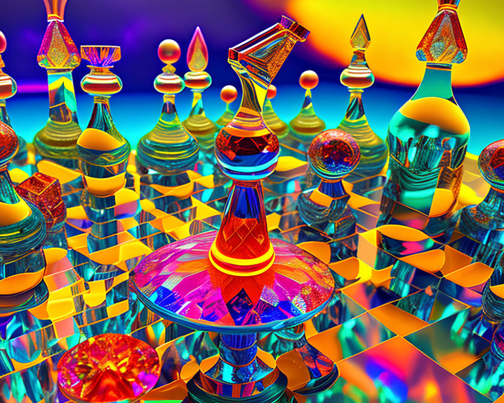 Colorful Surreal Chess Pieces on Checkered Board with Psychedelic Background