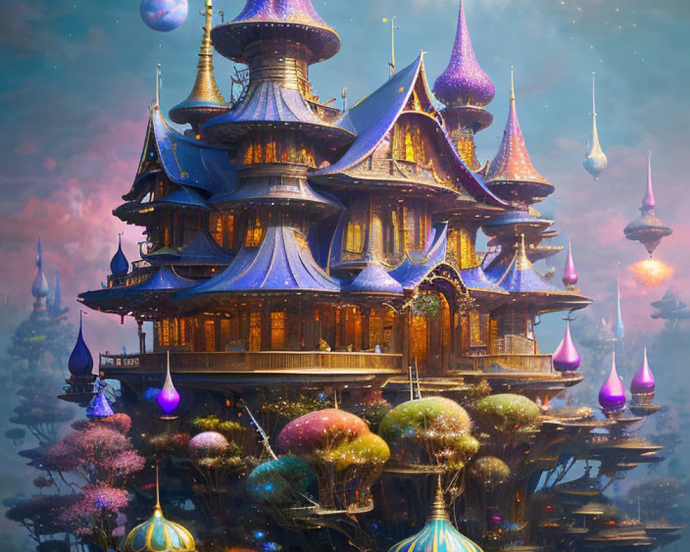 Fantastical Floating Structure with Golden Roofs and Fireworks