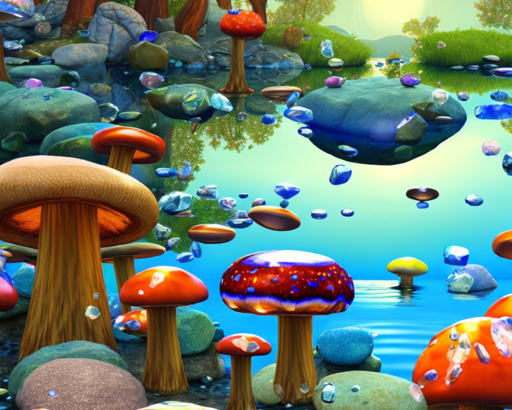 Colorful Oversized Mushrooms in Whimsical Landscape