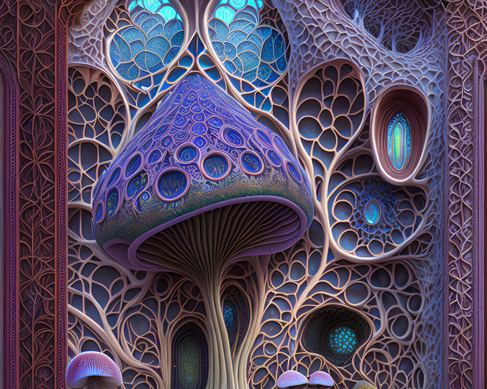 Fantastical digital artwork of vibrant mushroom in colorful, whimsical landscape