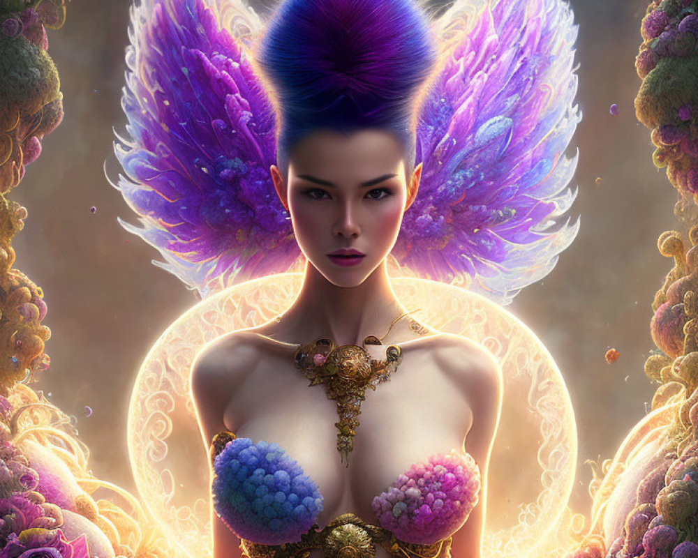 Vibrant purple hair woman with wings and golden jewelry on floral backdrop