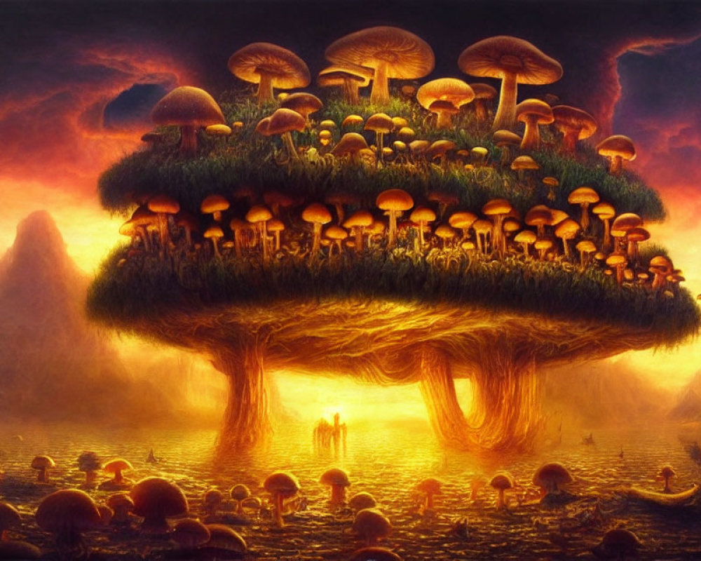 Mushroom-shaped island in misty golden landscape