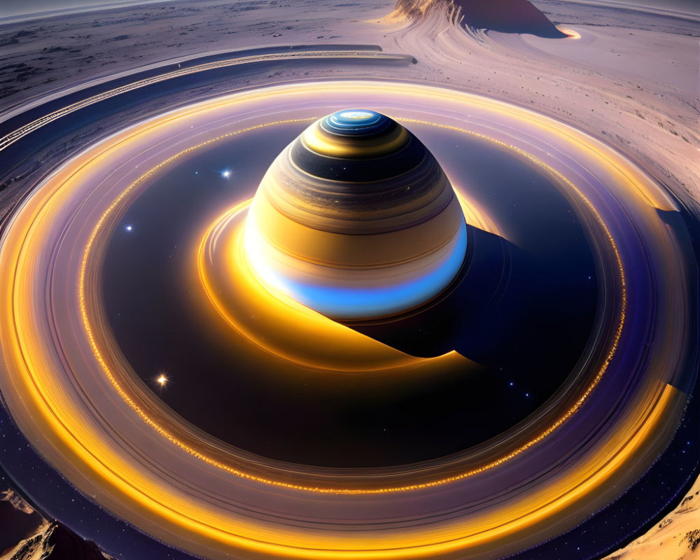 Surreal desert mountain with Saturn-like rings in twilight sky
