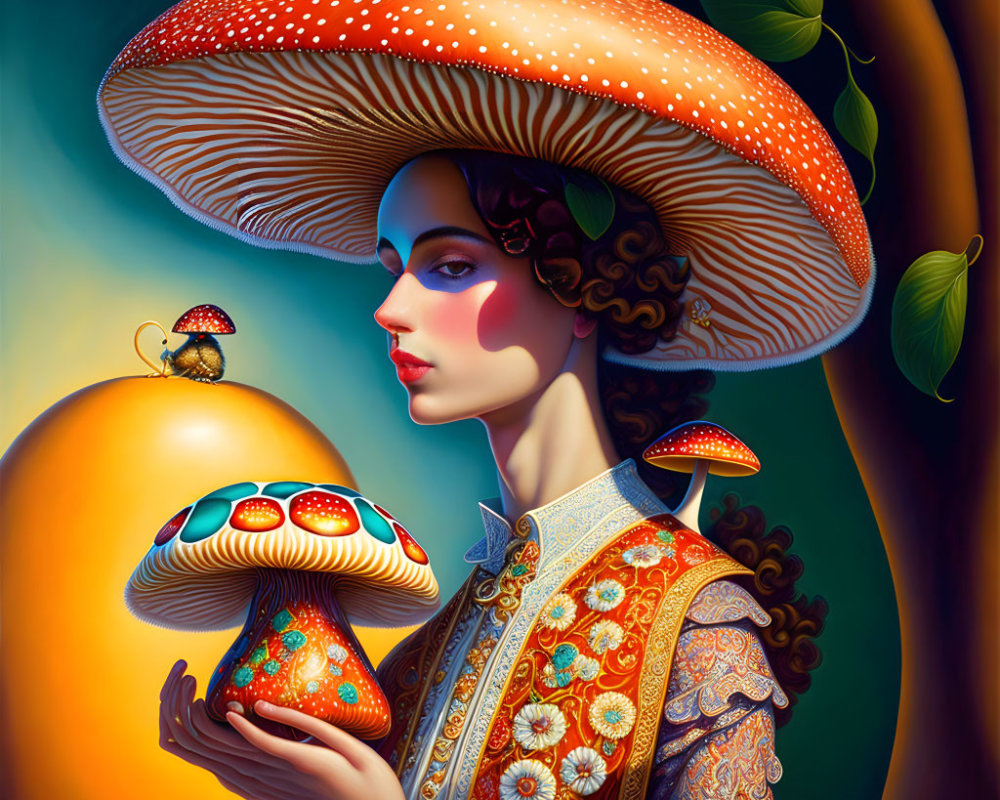 Stylized painting of woman with mushroom hat and bee on orange backdrop