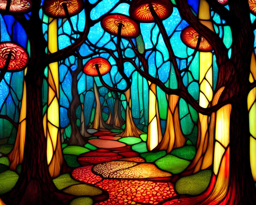 Colorful Stained Glass Style Forest Illustration with Starry Sky