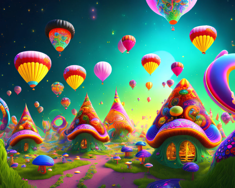 Vibrant fantasy landscape with mushroom houses and hot air balloons