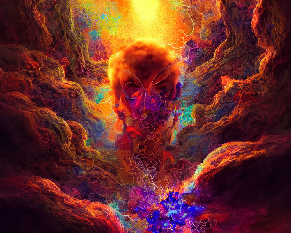 Colorful surreal illustration: Glowing skull in swirling clouds