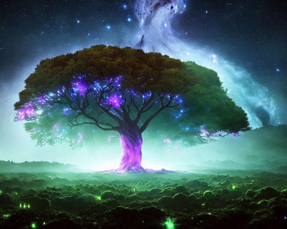 Majestic purple tree under starry sky in mystical forest setting