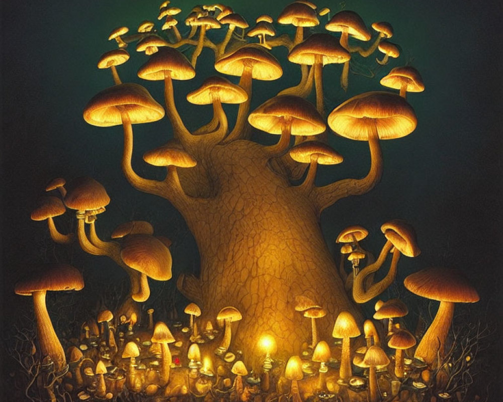 Luminous oversized mushrooms in mystical forest setting