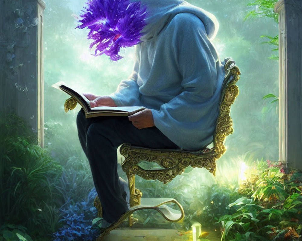 Hooded figure reading book in forest with glowing crystal and candles