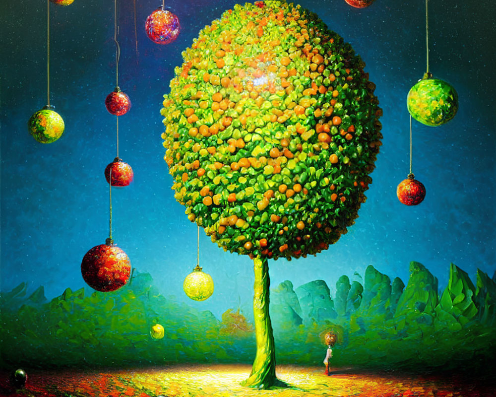 Colorful painting of oversized tree under starry sky with planet-like spheres