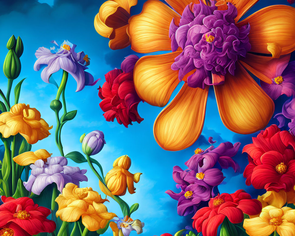Colorful Flower Illustration Against Blue Sky with Clouds