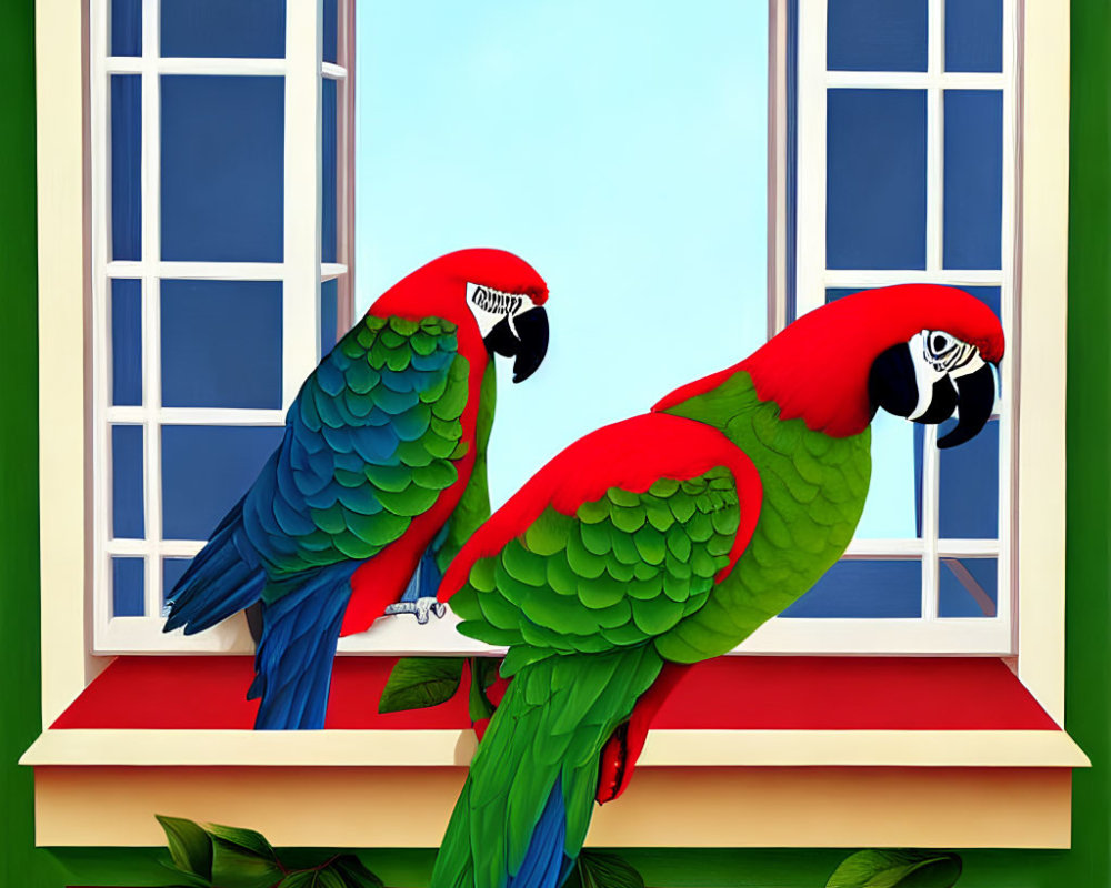 Vibrant red-and-green macaws on windowsill with open windows and lush foliage