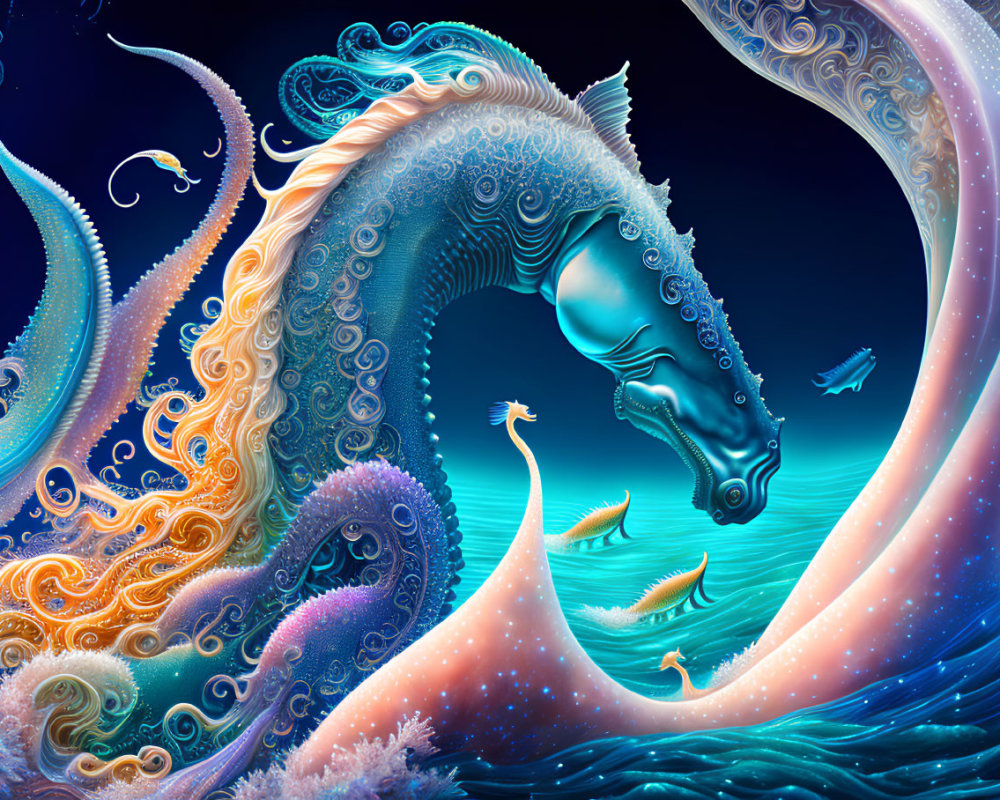 Stylized seahorse surrounded by vibrant marine world