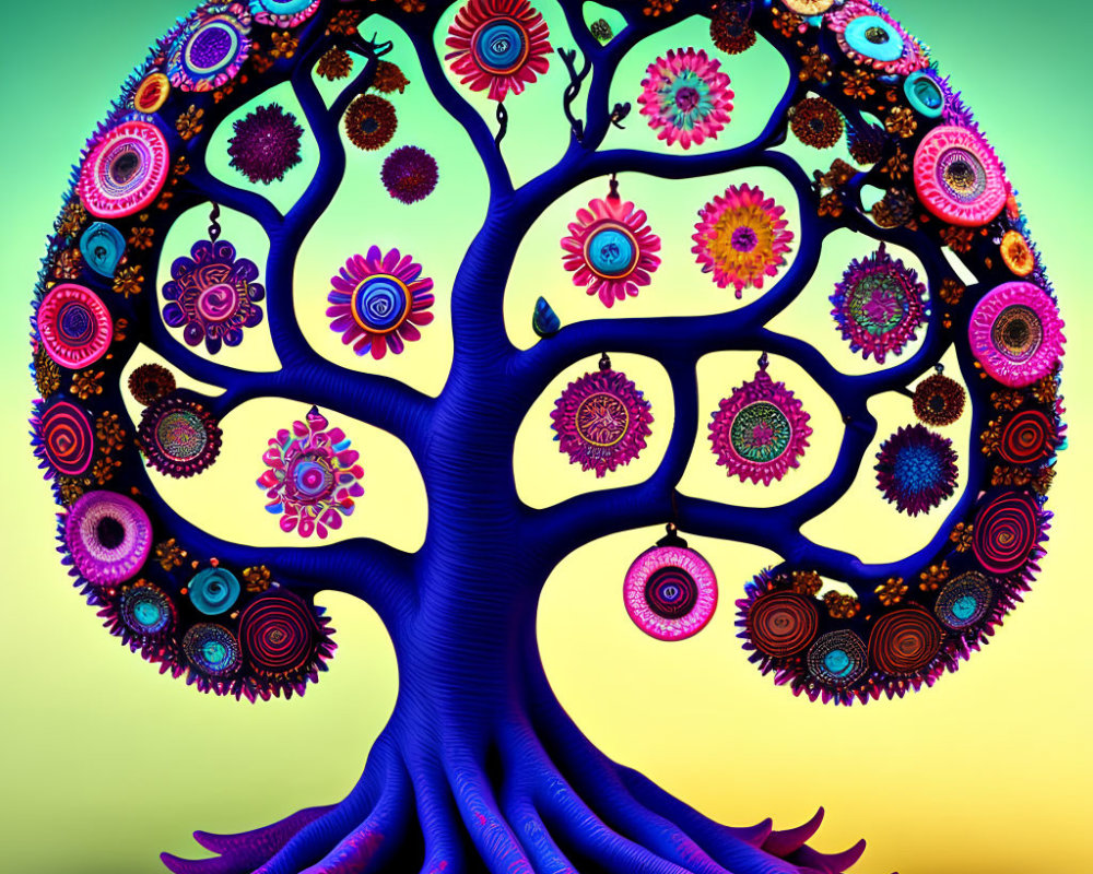 Colorful Mandala Tree with Purple Trunk on Ombre Background