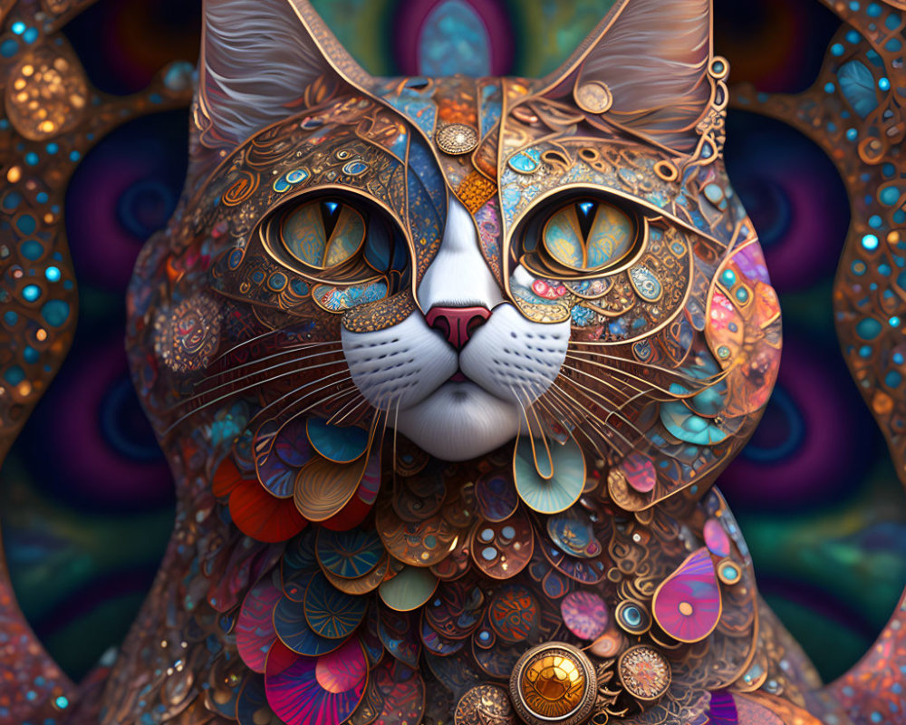 Colorful Stylized Cat Artwork with Intricate Patterns and Vibrant Hues
