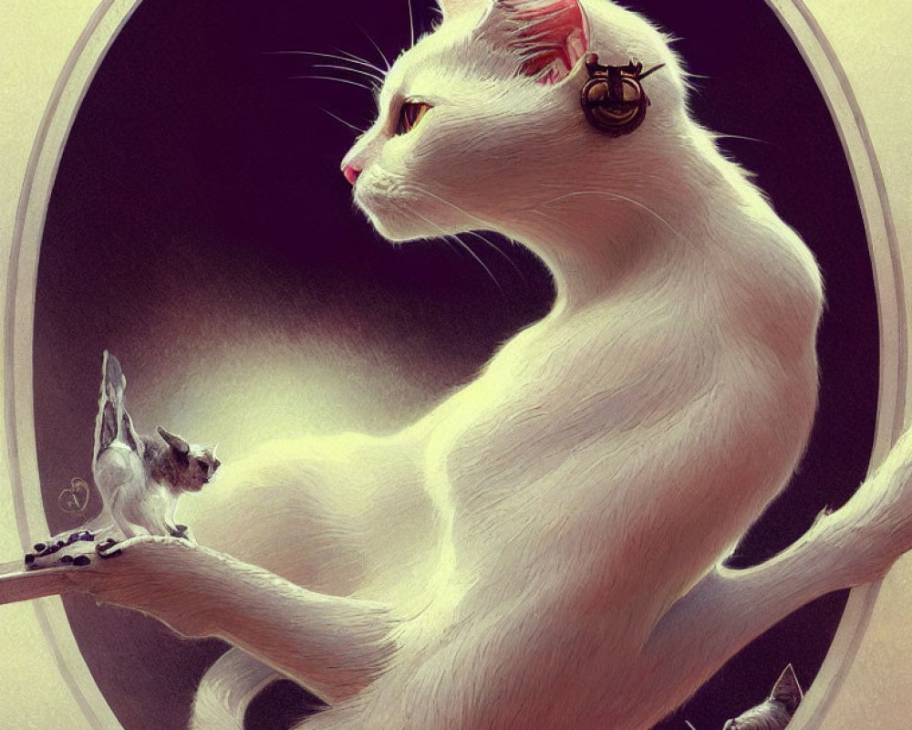 Illustrated white cat with key earring and mouse in oval monochromatic backdrop