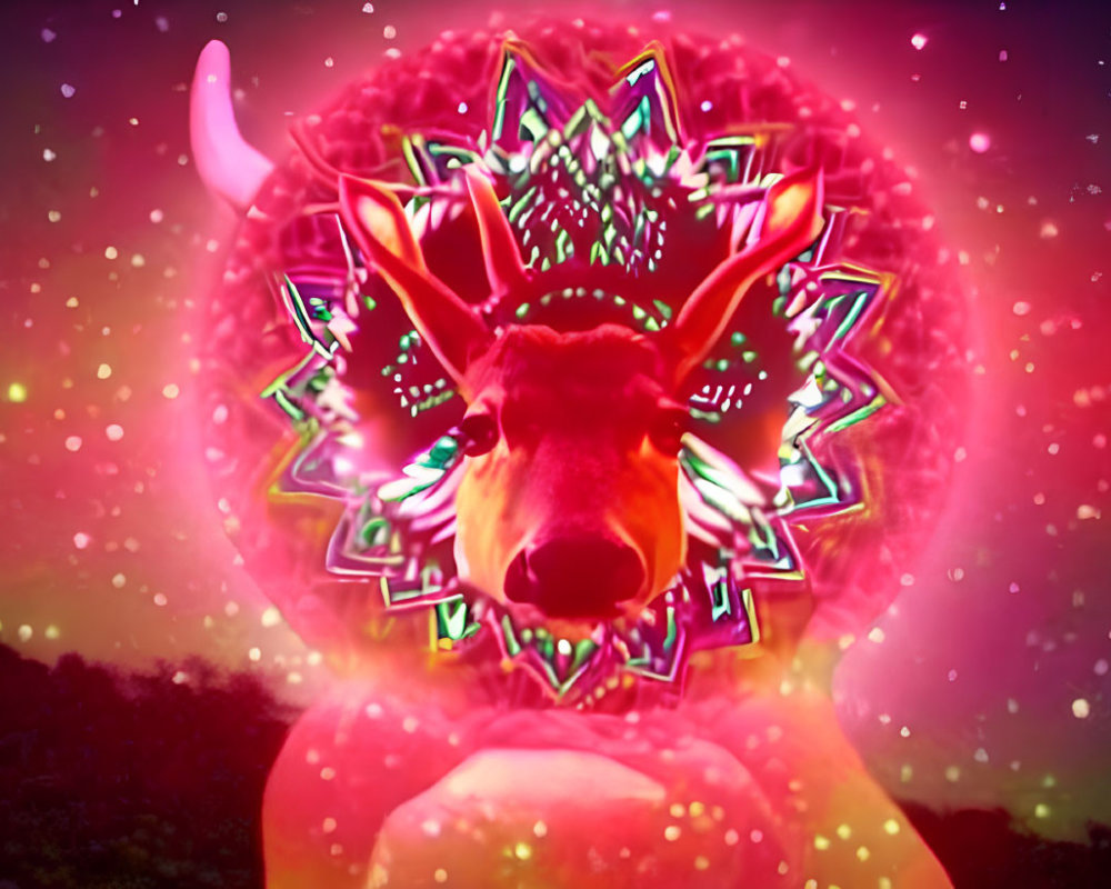 Colorful psychedelic reindeer head illustration on radiant pink backdrop