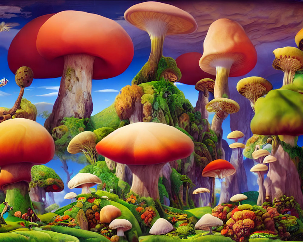 Colorful Oversized Mushrooms in Lush Fantasy Landscape