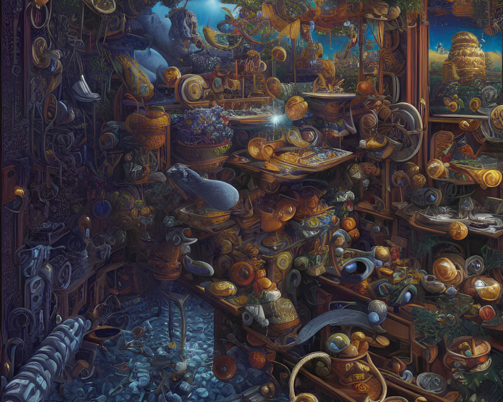Fantasy room with artifacts, orbs, books, and whale in surreal, magical blend