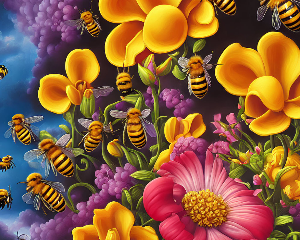 Colorful bees on flowers against dark sky: vibrant illustration