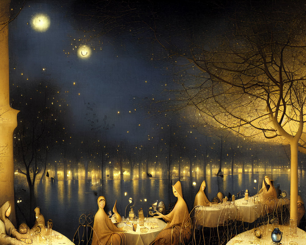 Surreal Nocturnal Lakeside Banquet Artwork with Moonlit Sky