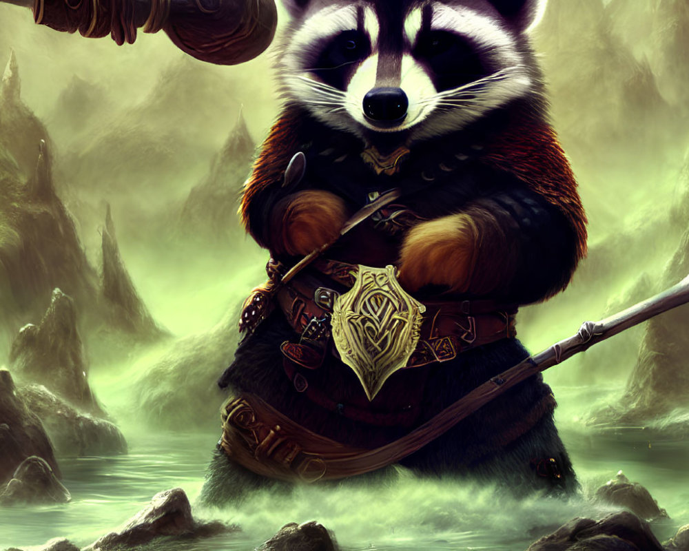 Anthropomorphic raccoon warrior in medieval armor with hammer and bow in mystical landscape