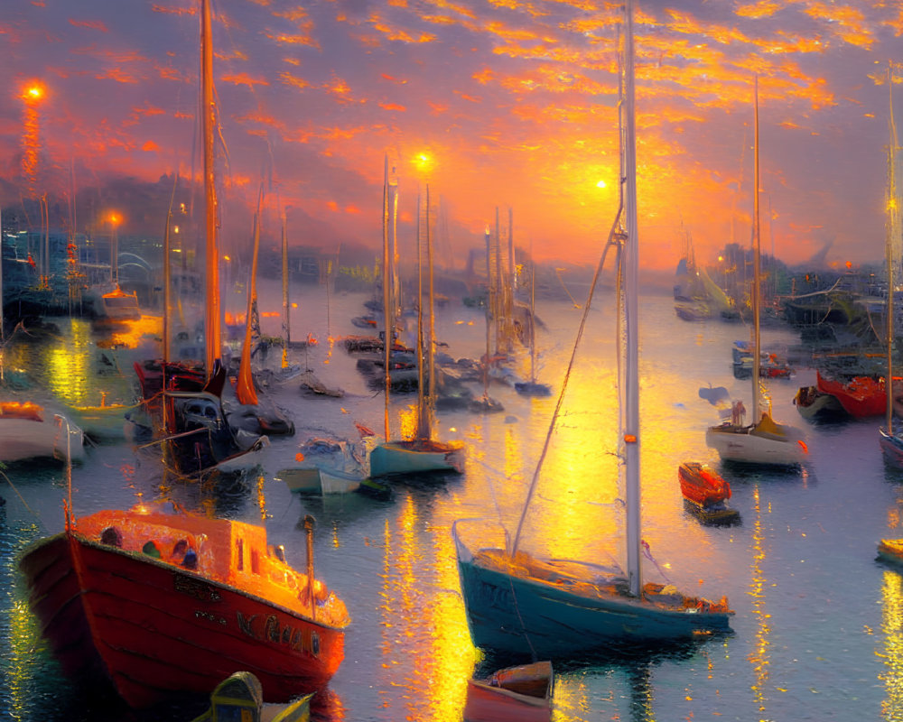 Colorful boats moored in serene sunset harbor scene.