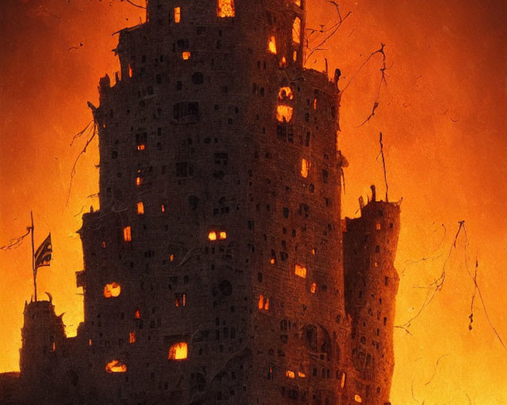 Towering castle engulfed in flames on sea with fiery skies and battle scene.