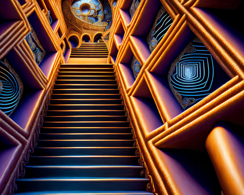 Intricate Illuminated Staircase in Surreal Architectural Setting
