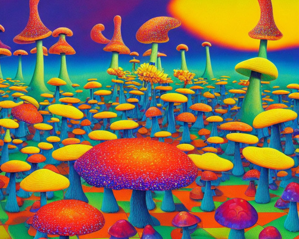 Colorful psychedelic mushroom forest under orange sky