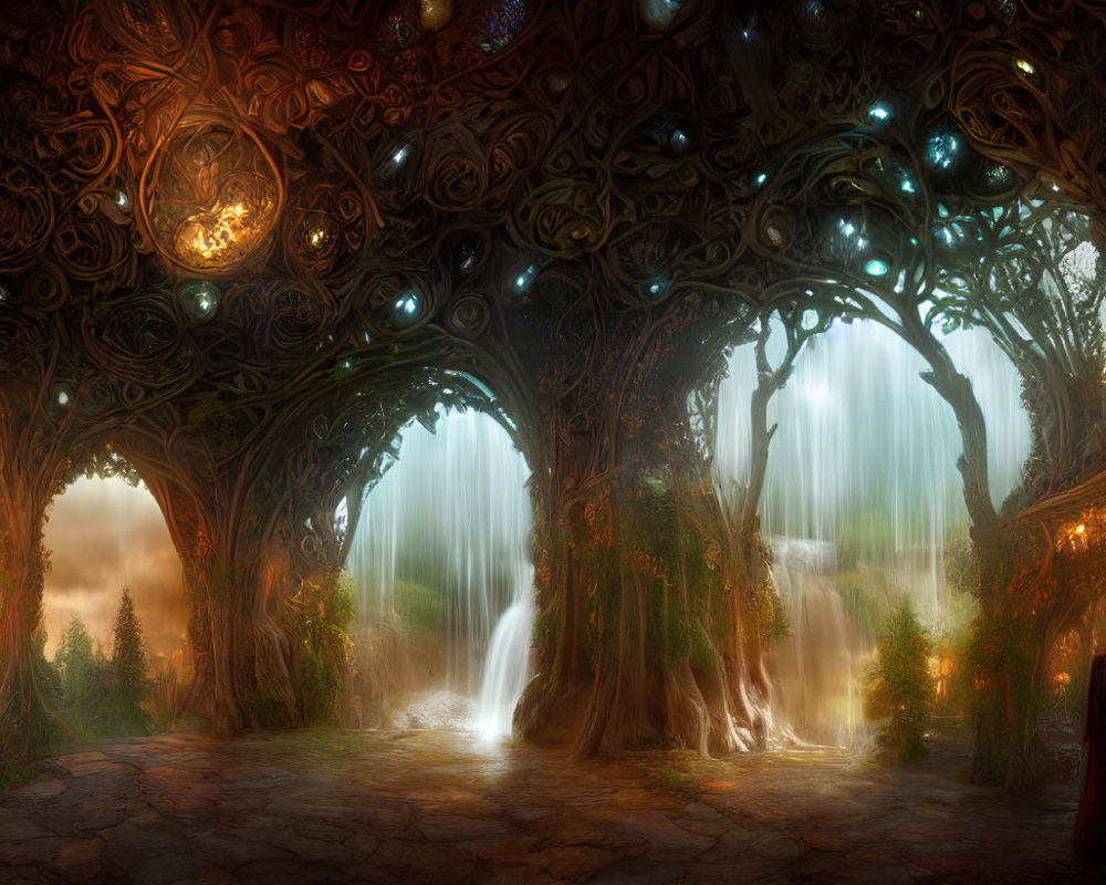 Ethereal forest with ornate trees and shimmering waterfalls