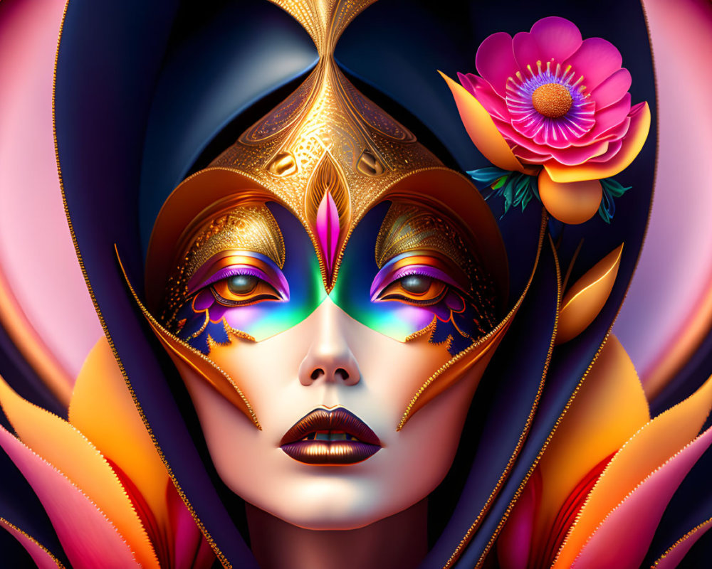 Colorful digital artwork: Person with stylized mask, golden accents, bright makeup, and pink flower